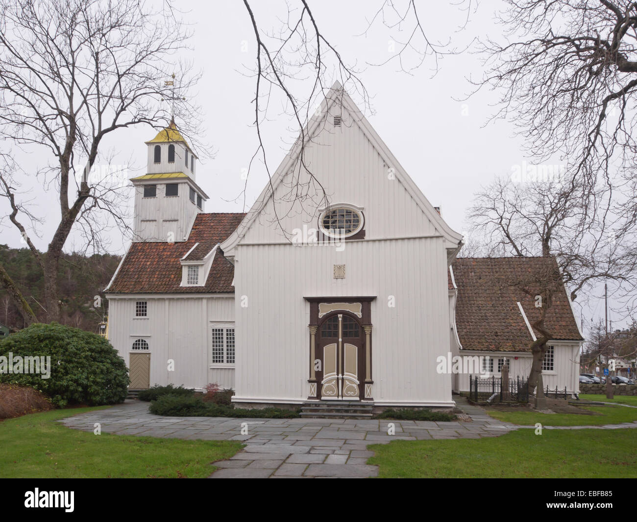 Old wood paneled Lutheran church in the small Norwegian town Egersund Stock Photo