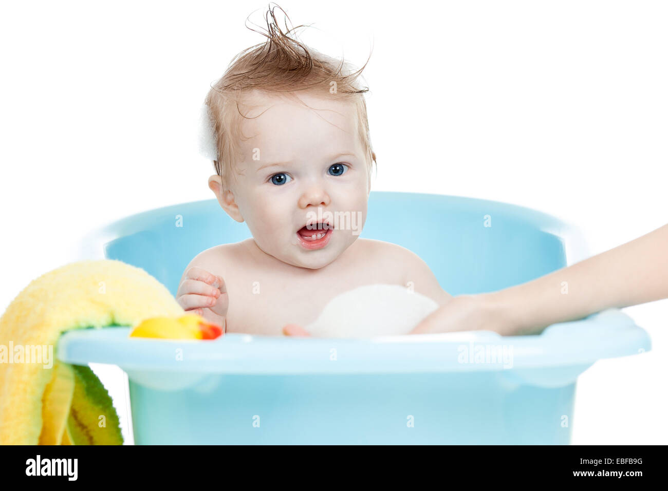 adorable baby taking bath in blue tub Stock Photo Alamy