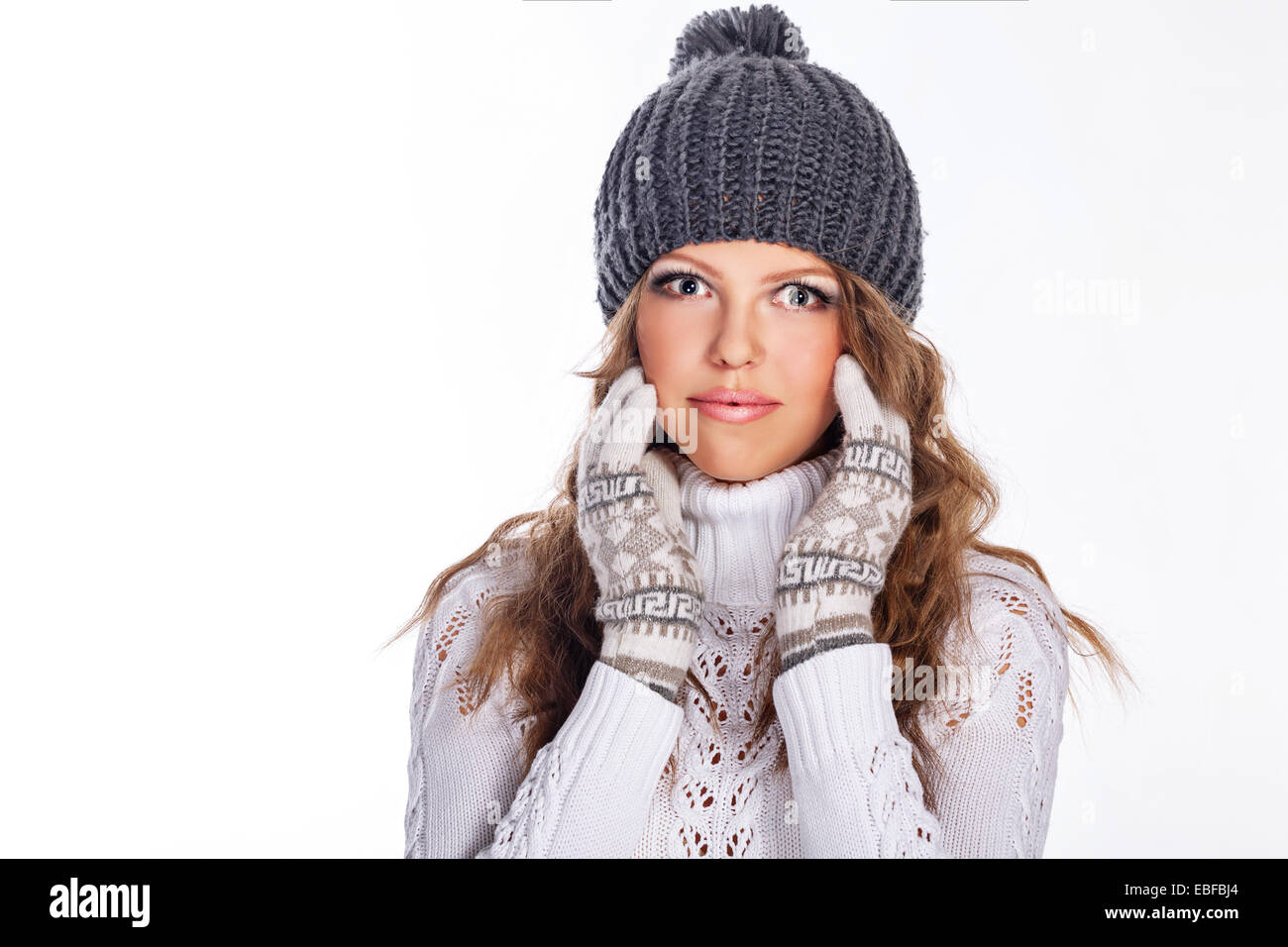 Cute teen girl in a knitted cap and sweater close-up portrait Stock ...