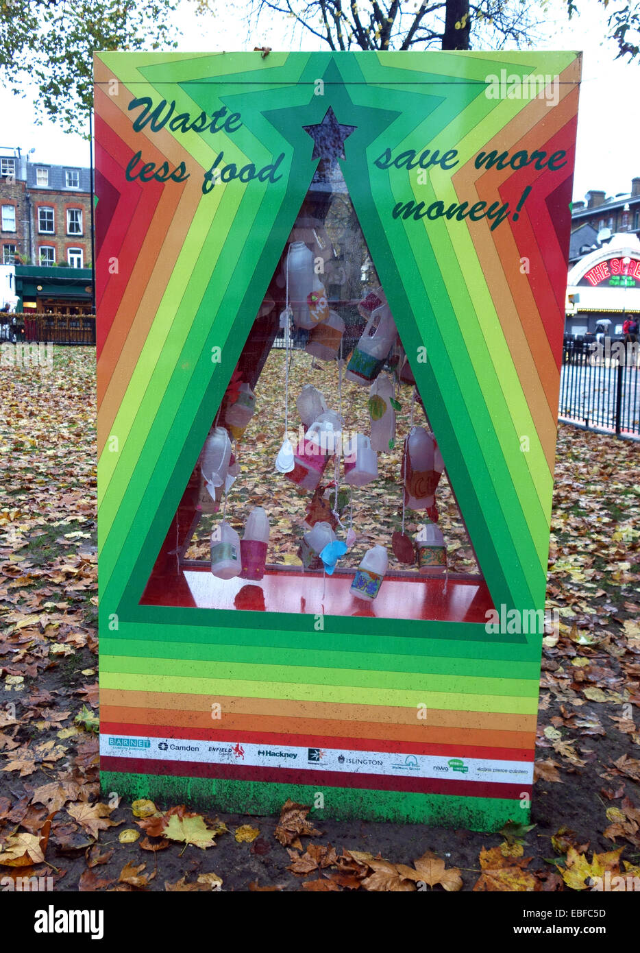 Council notice about reducing food waste, Islington Green, London Stock