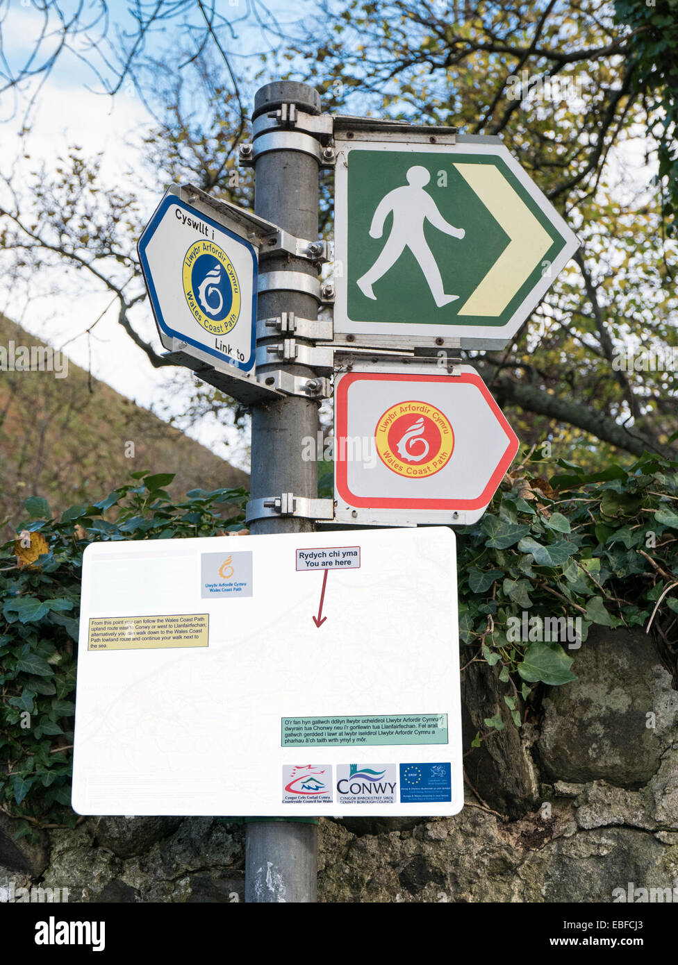 Footpath signpost for Wales Coast Path and link with a local map showing position. Dwygyfylchi Penmaenmawr Conwy North Wales UK Stock Photo