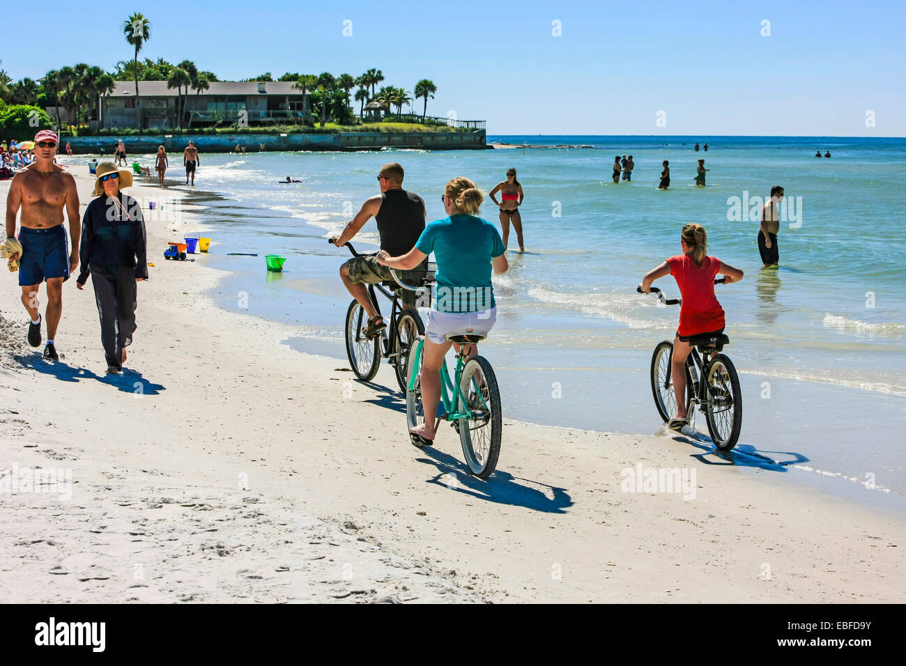 A familt riding beach cruiser bicycles along Crescent beach on Siesta