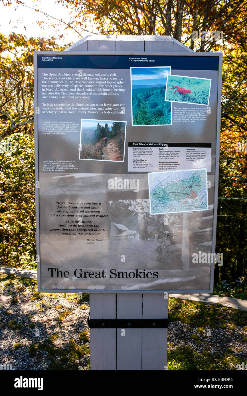 History and wildlife facts poster seen in the Great Smoky Mountains National Park Stock Photo