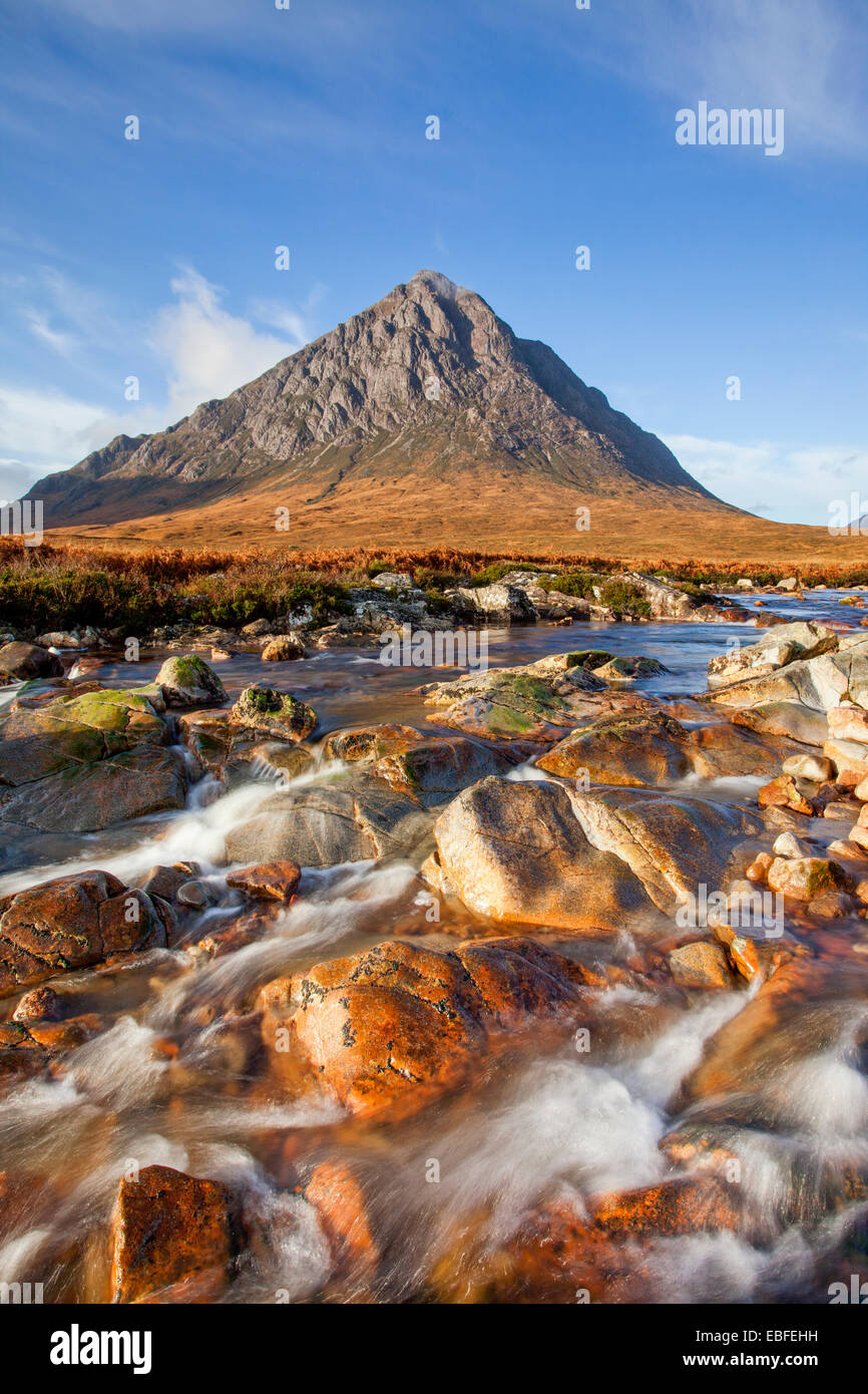 Buachaille Etive Mor from the River Coupall in Glen Coe, Scotland Stock Photo