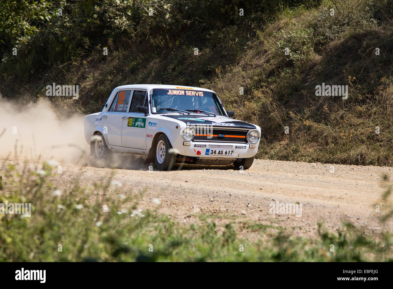 Timur Ozkan drives Fiat 124 car Avis Bosphorus Rally Deniz Stage Stock Photo
