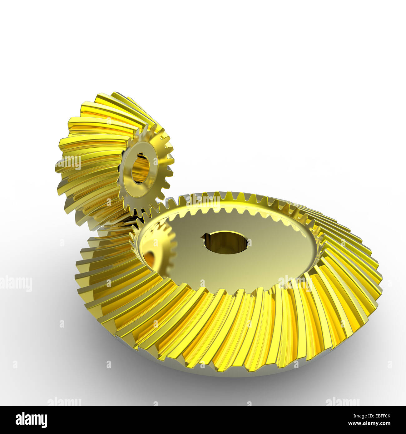 yellow anodized crown and pinion spiral bevel gears on a white background Stock Photo
