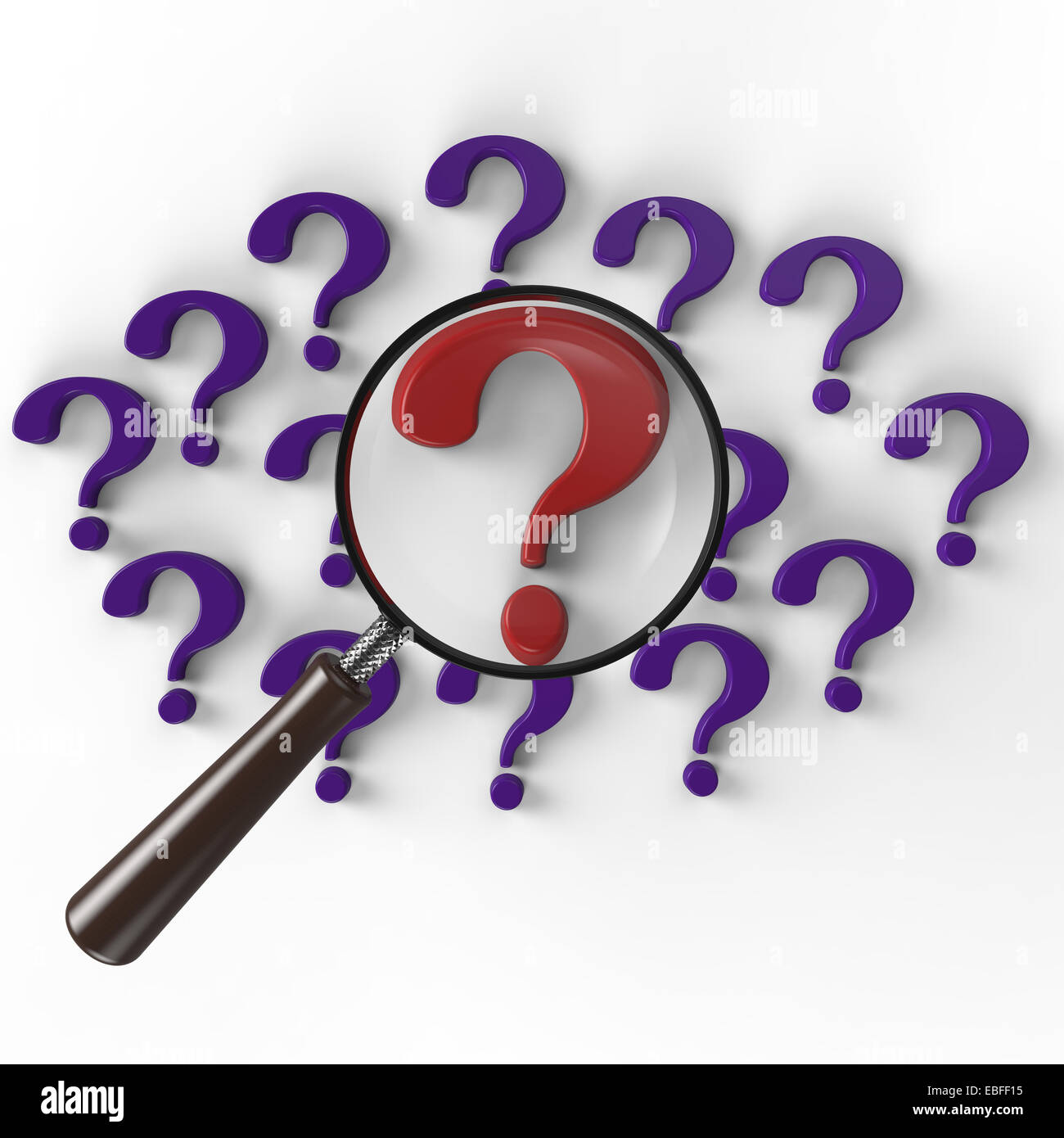 magnifying glass focused on a red question mark on a white background