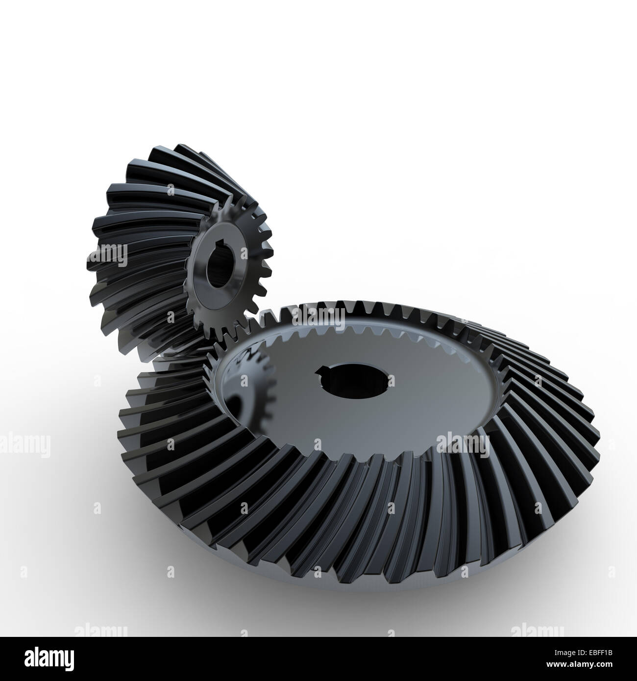 black anodized crown and pinion spiral bevel gears on a white background Stock Photo