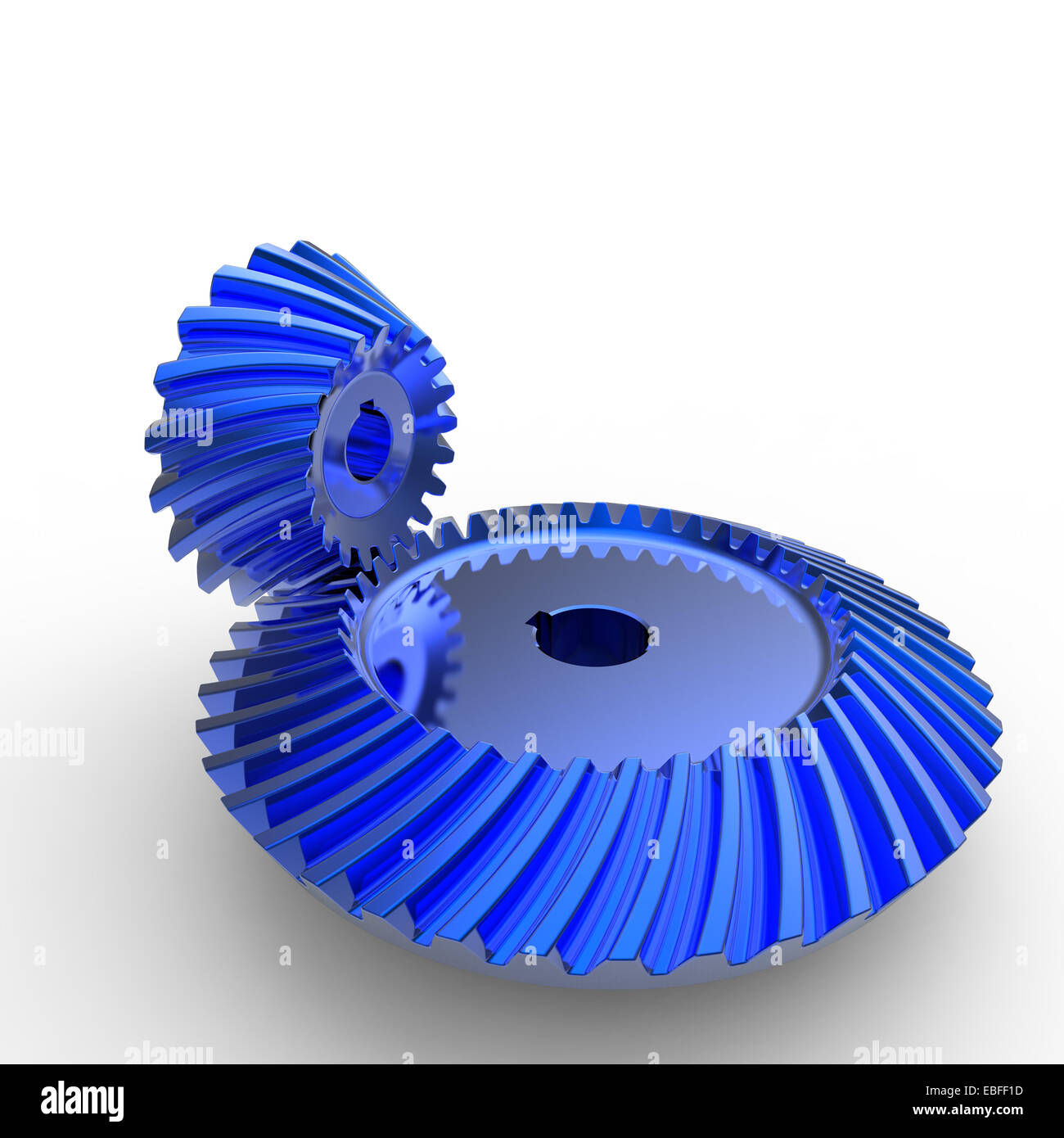 blue anodized crown and pinion spiral bevel gears on a white background Stock Photo
