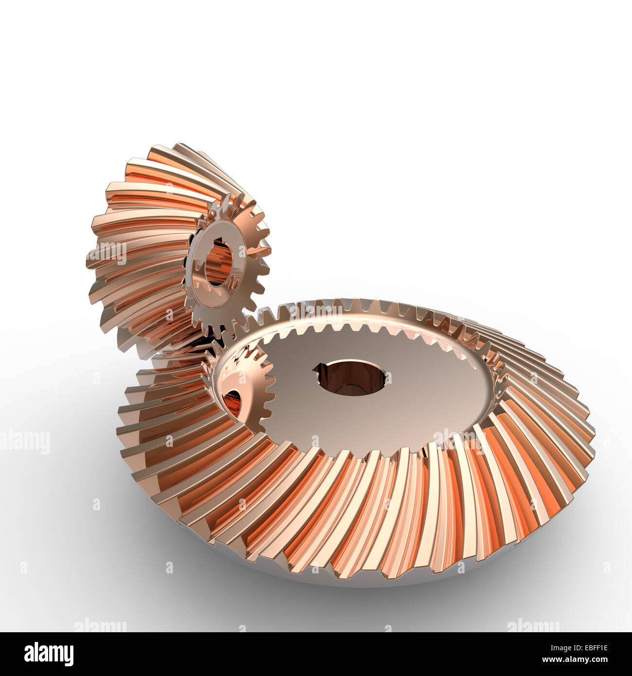 copper plated crown and pinion spiral bevel gears on a white background Stock Photo