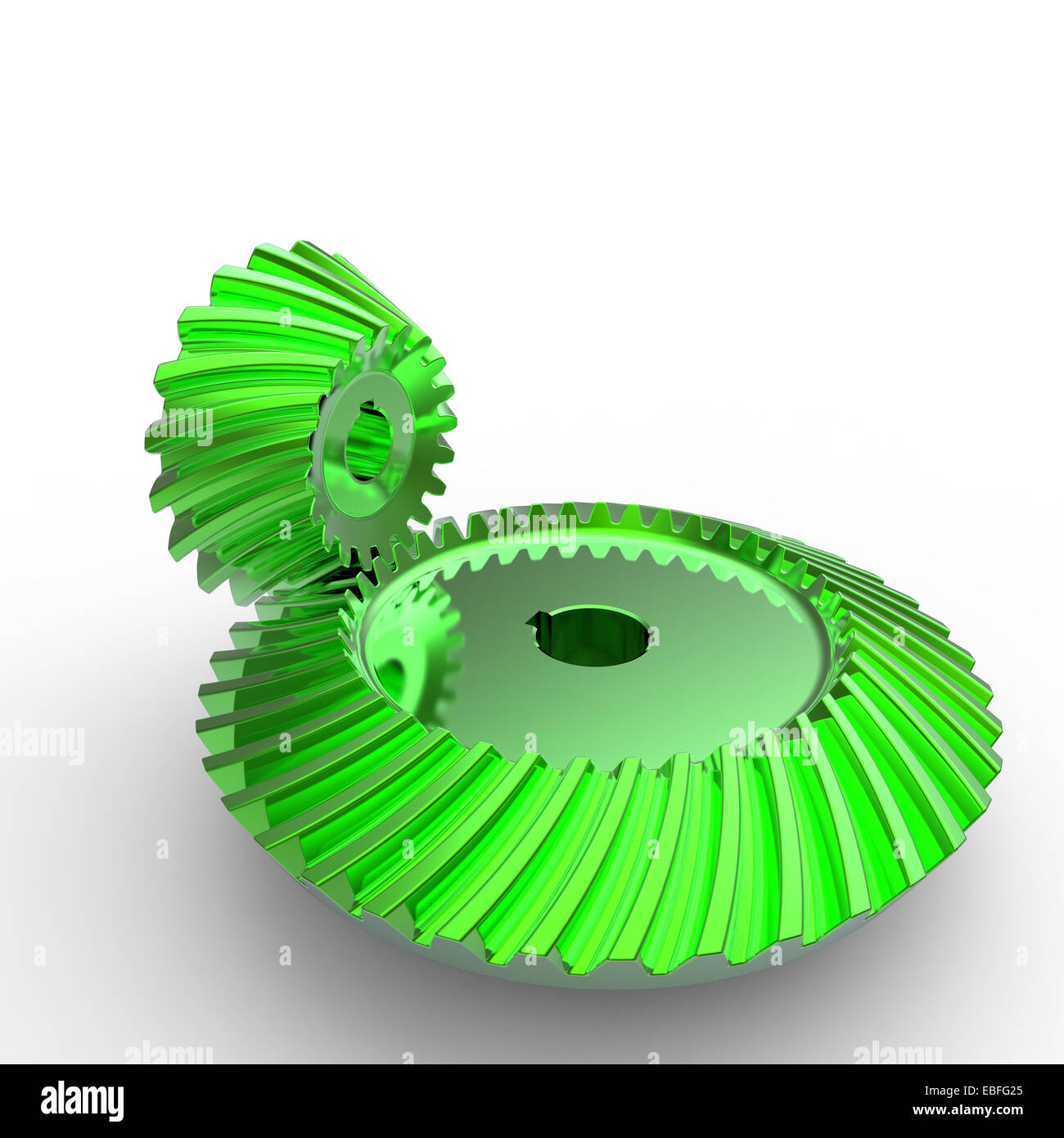 green anodized crown and pinion spiral bevel gears on a white background Stock Photo