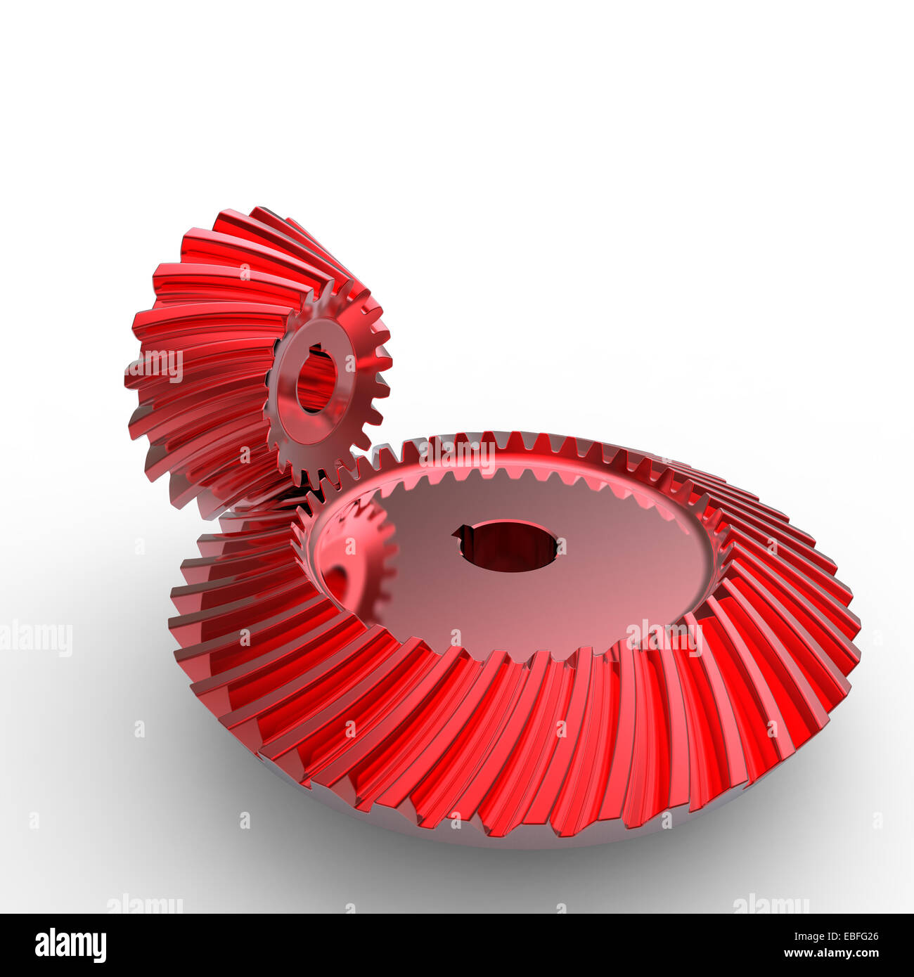 red anodized crown and pinion spiral bevel gears on a white background Stock Photo