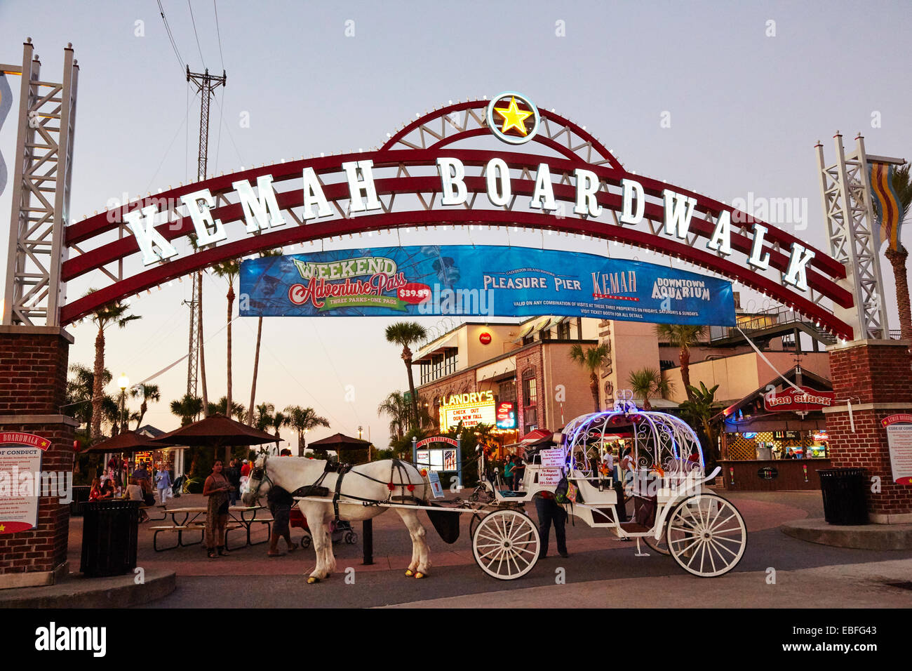 Horse and carriage at the entrance to Kemah Boardwalk, Houston, Texas, USA Stock Photo