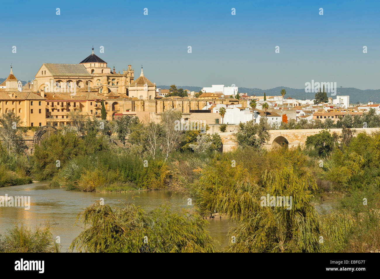 CORDOBA  SPAIN MOSQUE CATHEDRAL OR MEZQUITA THE ROMAN BRIDGE AND OLD WATERWHEEL FROM ACROSS THE GUADALQUIVIR RIVER Stock Photo