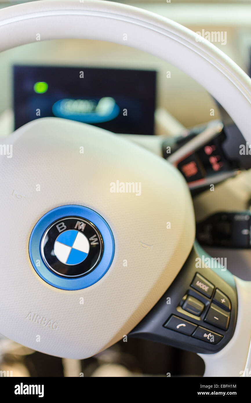 White design interior of environmentally friendly full-time electric car BMW i3. Vertical close-up photo with small DOF. Stock Photo