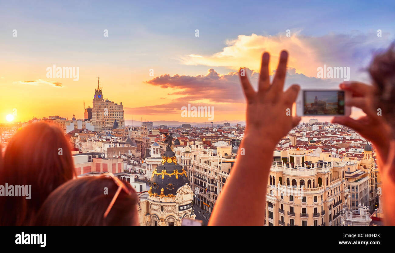 People watching the sunset fromThe C’rculo de Bellas artes cultural center rooftop terrace. Madrid. Spain Stock Photo