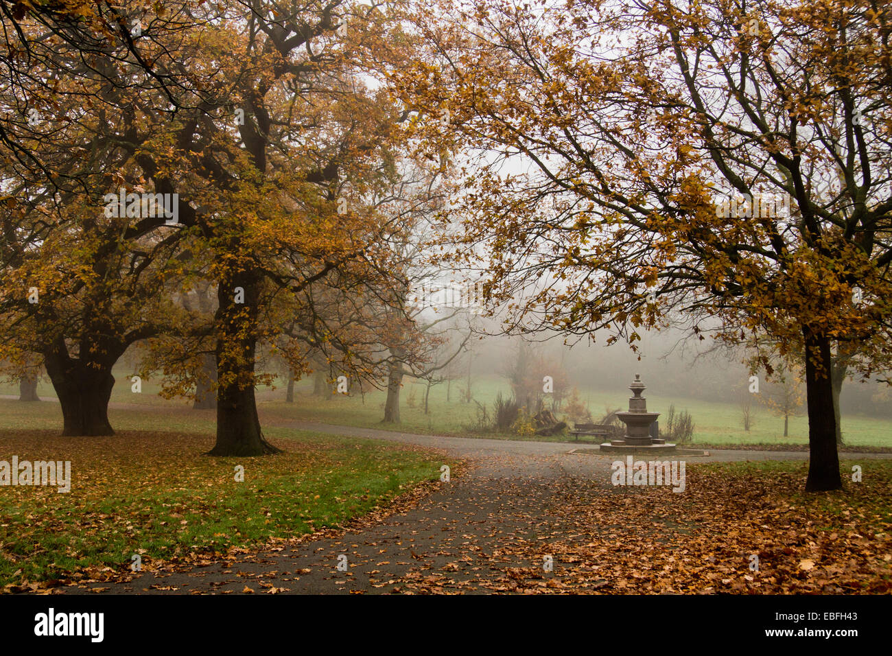 Autumn park in London. View of path and trees surrounding stone fountain Stock Photo