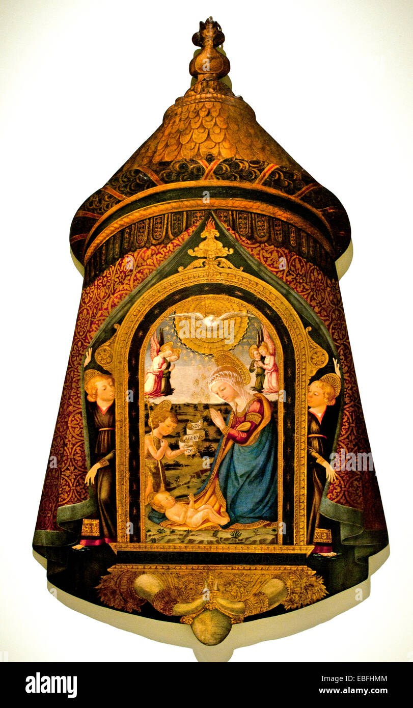 Processional Standard with the Adoration of the Child Jesus by the Virgin, Saint John Baptist and Angels Neri di Bicci Florence Stock Photo