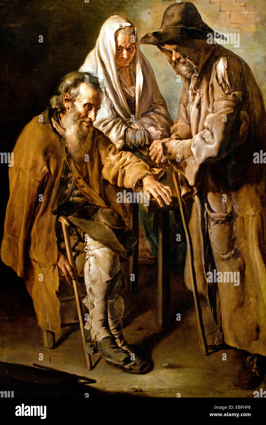 Three Beggars, two men and a woman advanced age, dressed in rags by Giacomo Ceruti - Pitocchetto  Milan, 1698-1767 Italy Italian Stock Photo