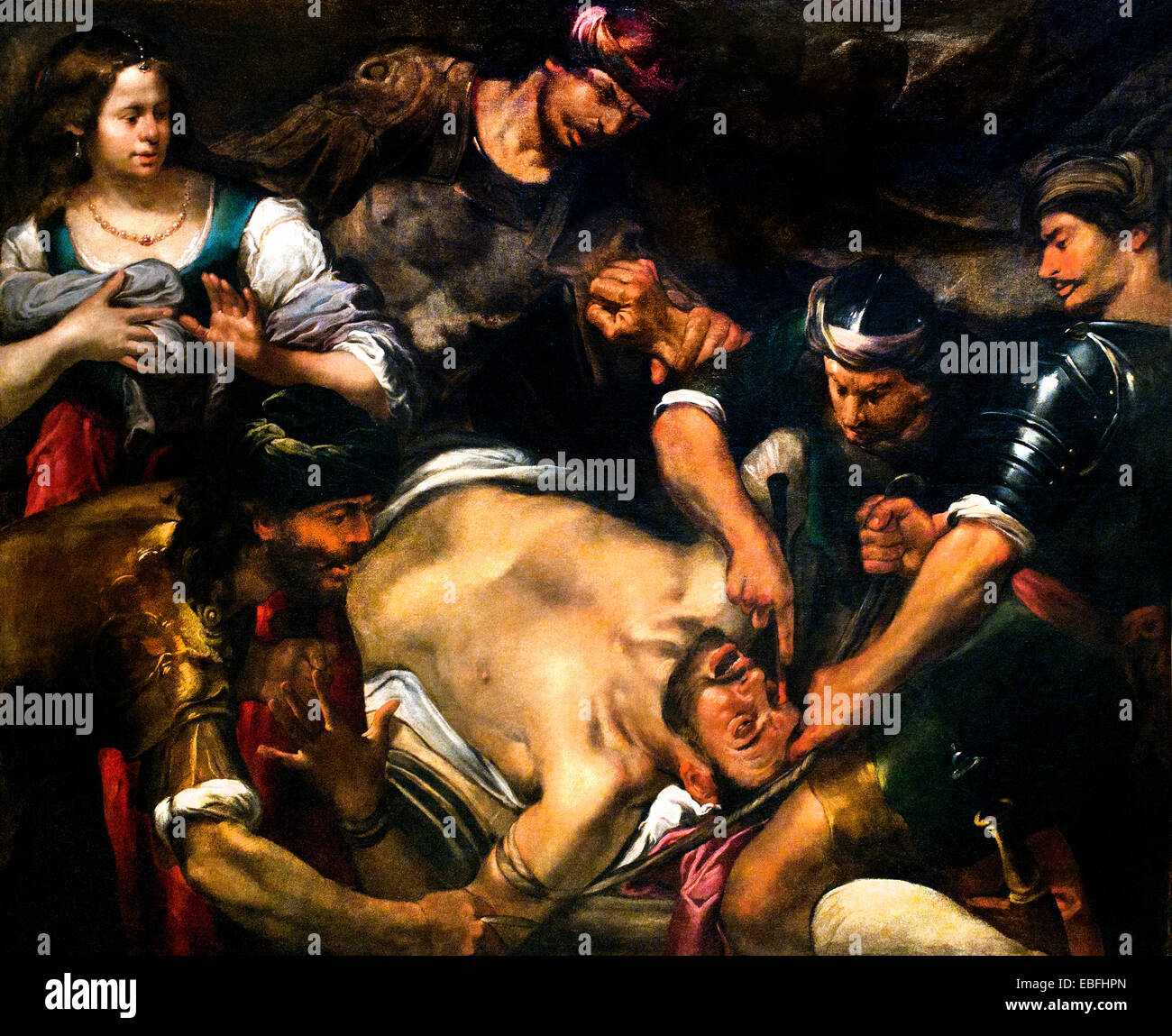 The Philistines Gouging out Samson's Eyes by Gioacchino Assereto ( Genoa, 1600-1649 ) Baroque Italy Italian Stock Photo