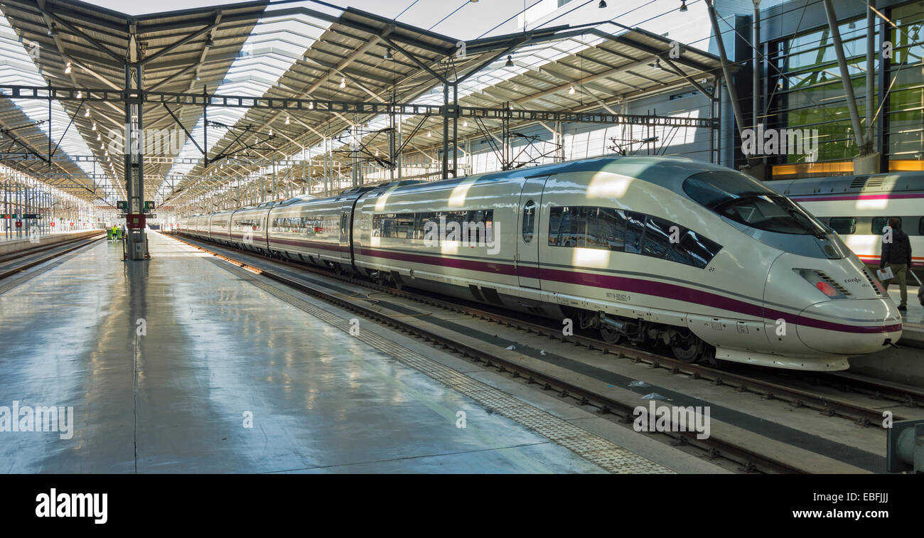 MALAGA RAILWAY STATION SOUTHERN SPAIN WITH RENFE OR AVE  HIGH SPEED TRAIN AT PLATFORM Stock Photo