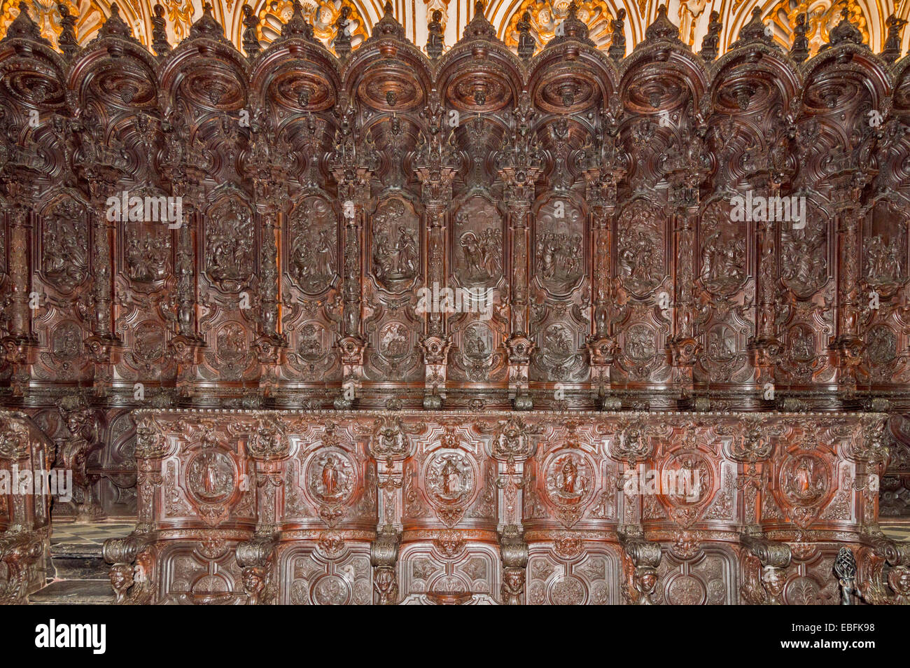MOSQUE CATHEDRAL OR MEZQUITA CORDOBA THE CHOIR AREA WITH BIBLICAL SCENES EXTENSIVELY CARVED IN WOOD Stock Photo