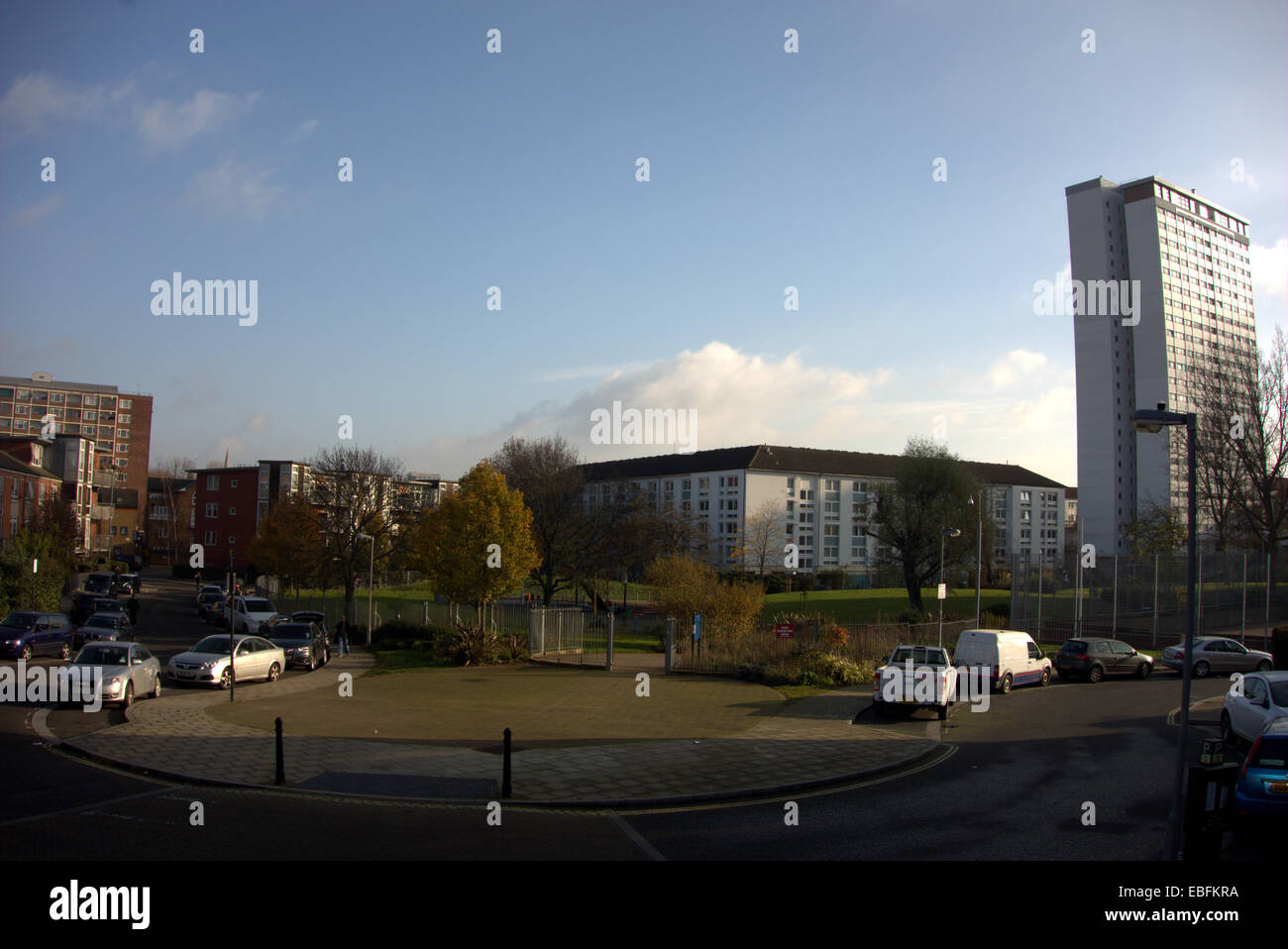 View from west Cross route over North Norland Park consists of a children’s play area and green space cleverly sculpted. Stock Photo