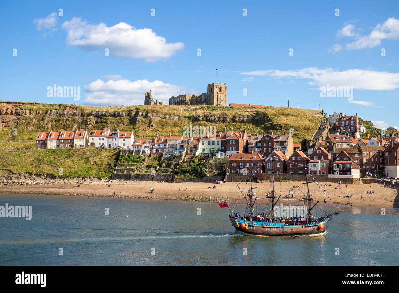 The Replica Endeavour sailing into Whitby Harbour, North Yorkshire ...