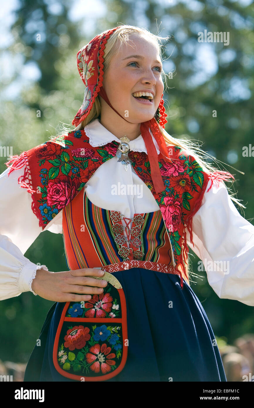 Portrait Of Woman In Traditional Dress, Summer Solstice Festival, Skansen,  Stockholm, Sweden Stock Photo - Alamy