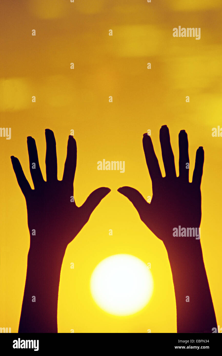 Hands reaching for Sun Stock Photo