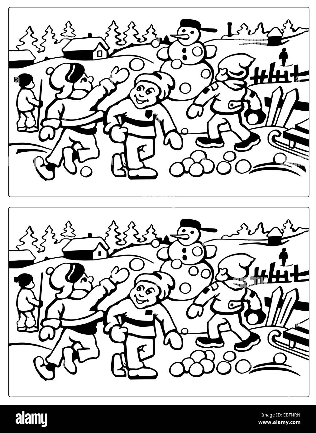Kids playing with snow - Find the ten differences Stock Photo