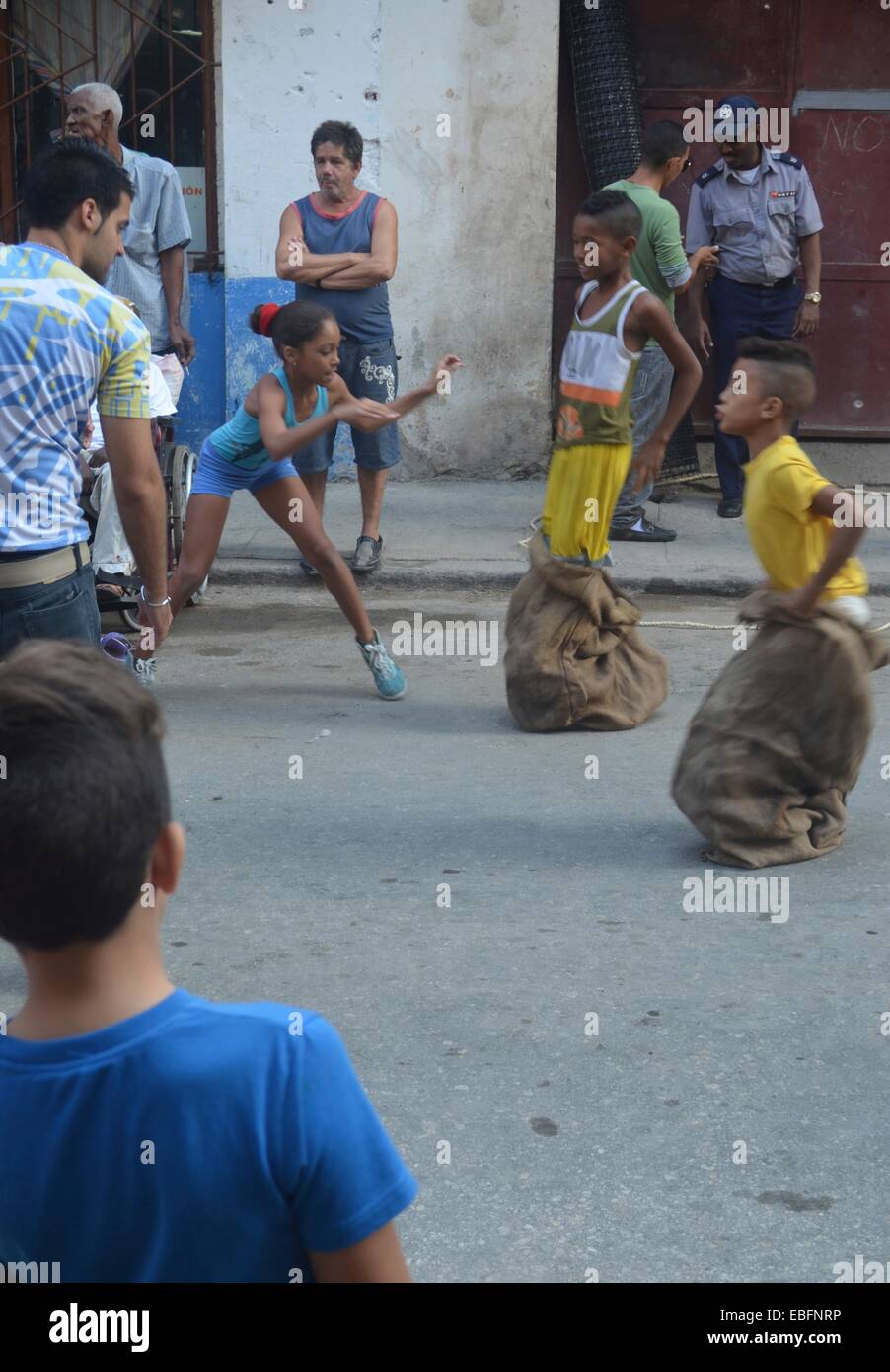 Children participate in a school sports day, on the streets of Centro Habana, Havana, Cuba Stock Photo