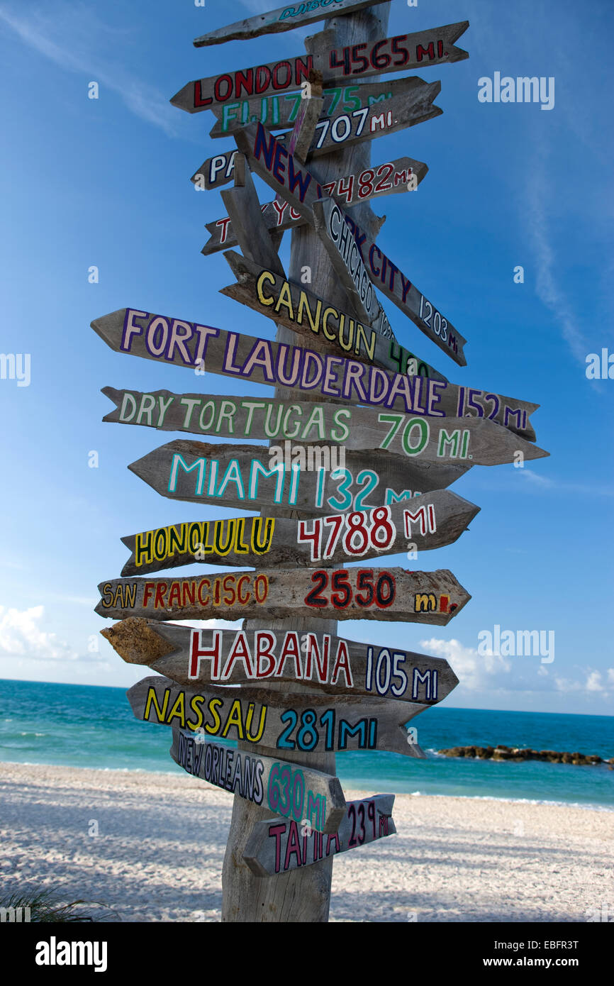 DISTANCE FROM KEY WEST MULTI CITY DESTINATION SIGNPOST FORT ZACHARY TAYLOR STATE PARK KEY WEST FLORIDA USA Stock Photo