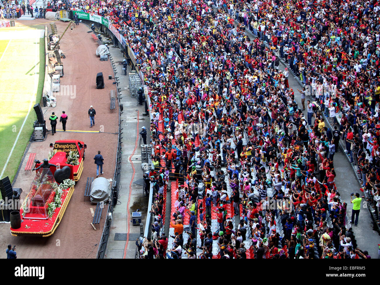 Mexico City, Mexico. 30th Nov, 2014. The coffin of Mexican comedian Roberto Gomez Bolanos, known as 'Chespirito', arrives to the Azteca Stadium during his memorial service in Mexico City, capital of Mexico, on Nov. 30, 2014. Roberto Gomez Bolanos died on Friday at the age of 85 in the city of Cancun, southeast of Mexico. © David de la Paz/Xinhua/Alamy Live News Stock Photo