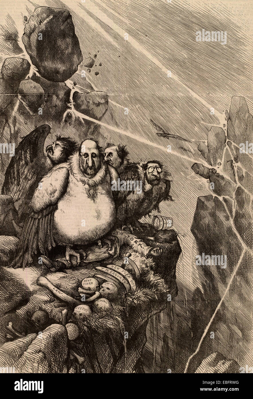 A Group of Vultures waiting for the storm to blow over - Let us prey. William 'Boss' Tweed and members of his ring, Peter B. Sweeny, Richard B. Connolly, and A. Oakey Hall, weathering a violent storm on a ledge with the picked-over remains of New York City. Political Cartoon, 1871 Stock Photo