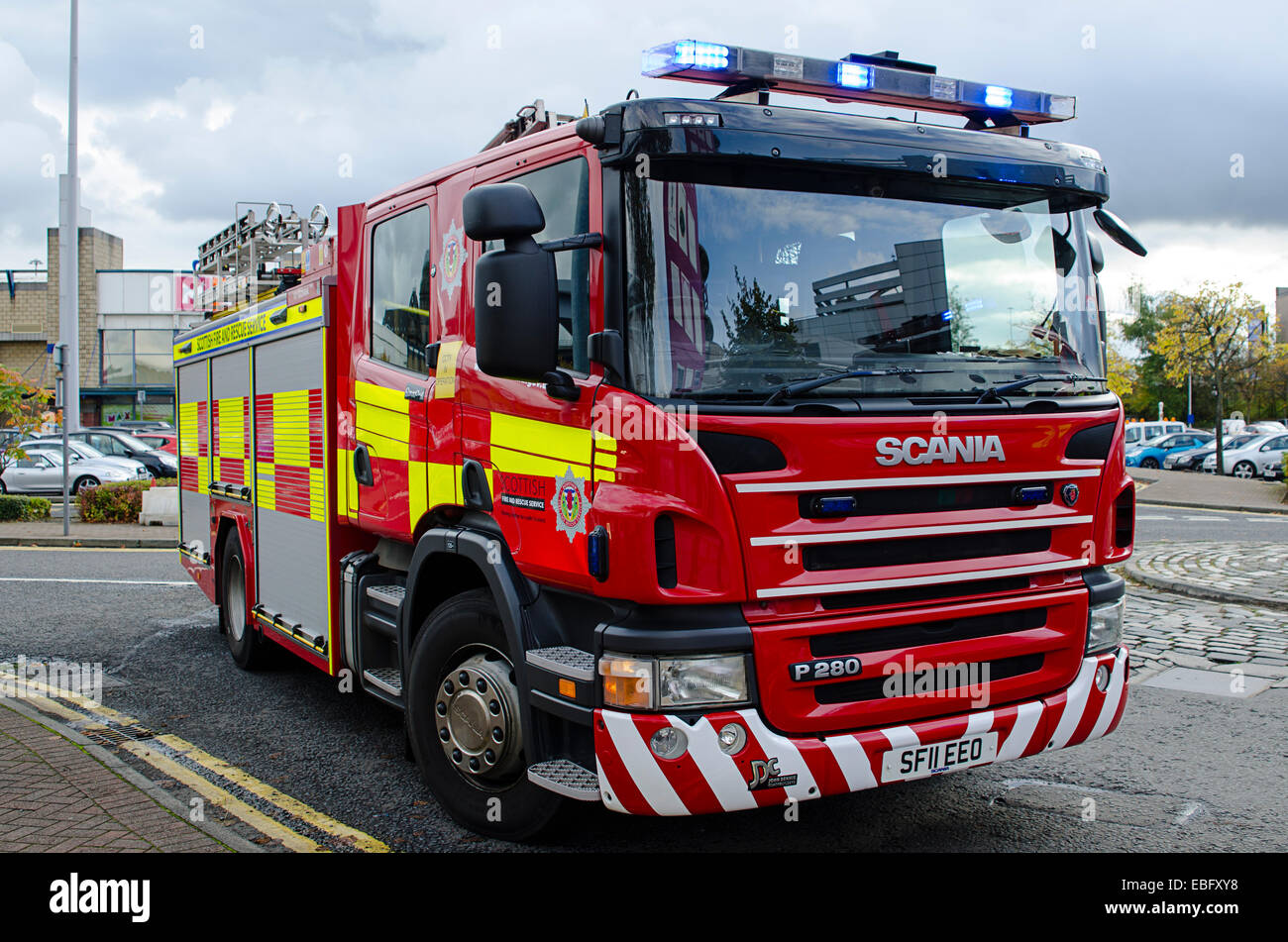 a photo of a fire truck at the scene of an accident in Glasgow, Scotland. Stock Photo