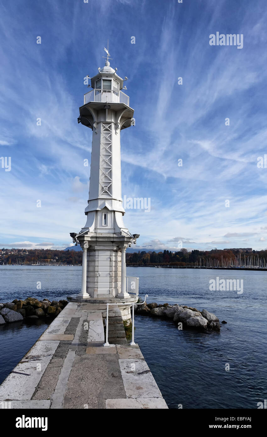Vertical image of lighthouse on Lake Geneva, Switzerland, on nice autumn day Stock Photo