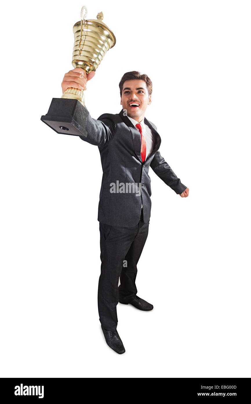indian Business Man Victory Trophy Award Stock Photo