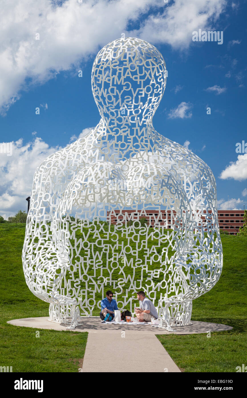 Two men enjoying lunch in the Pappajohn sculpture park. Des Moines, Iowa. Stock Photo