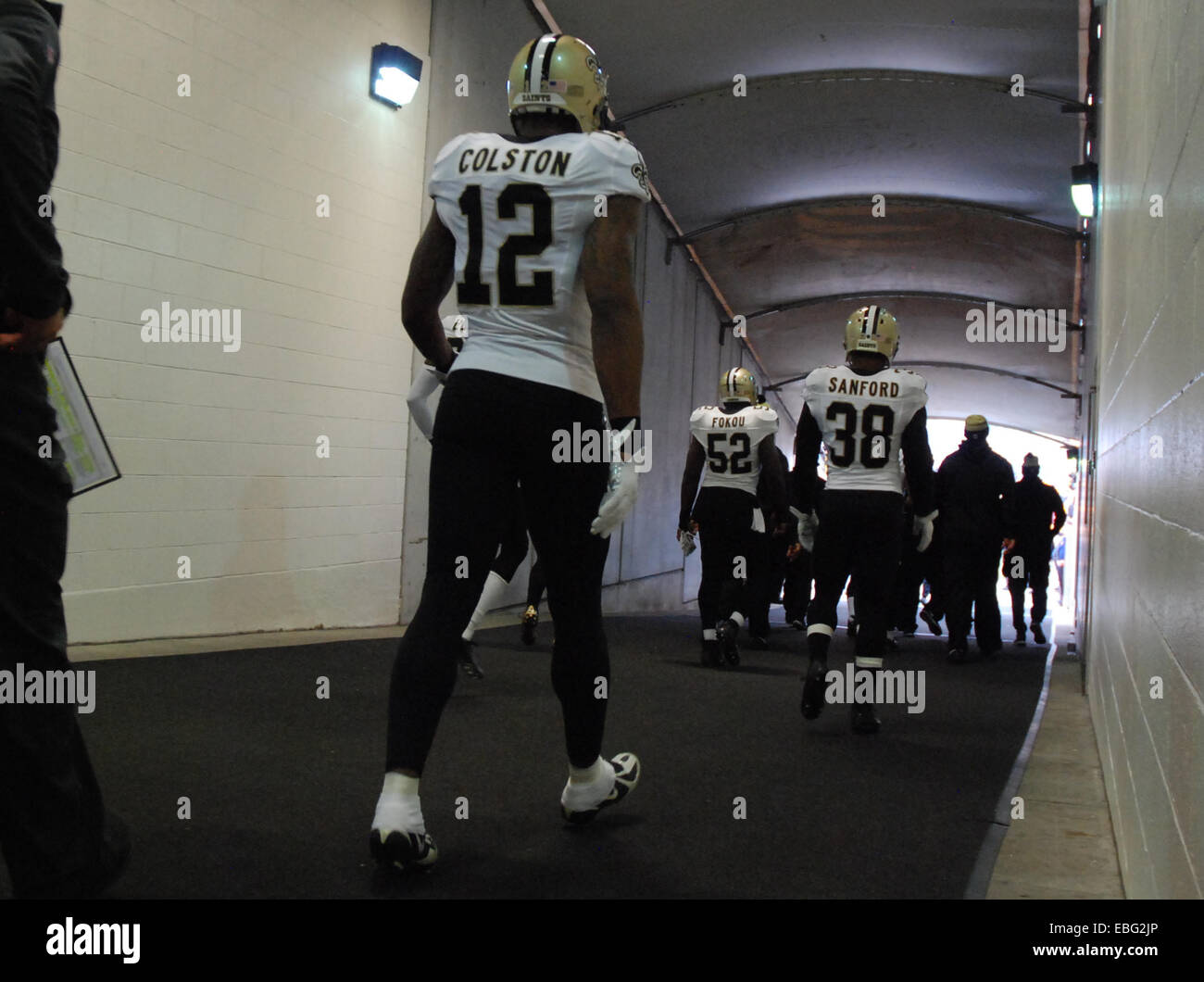 Dallas Cowboys free safety Gerald Sensabaugh (43) tries to bring down New  Orleans Saints wide receiver Marques Colston (12) during the first half of  an NFL football game Sunday, Dec. 23, 2012