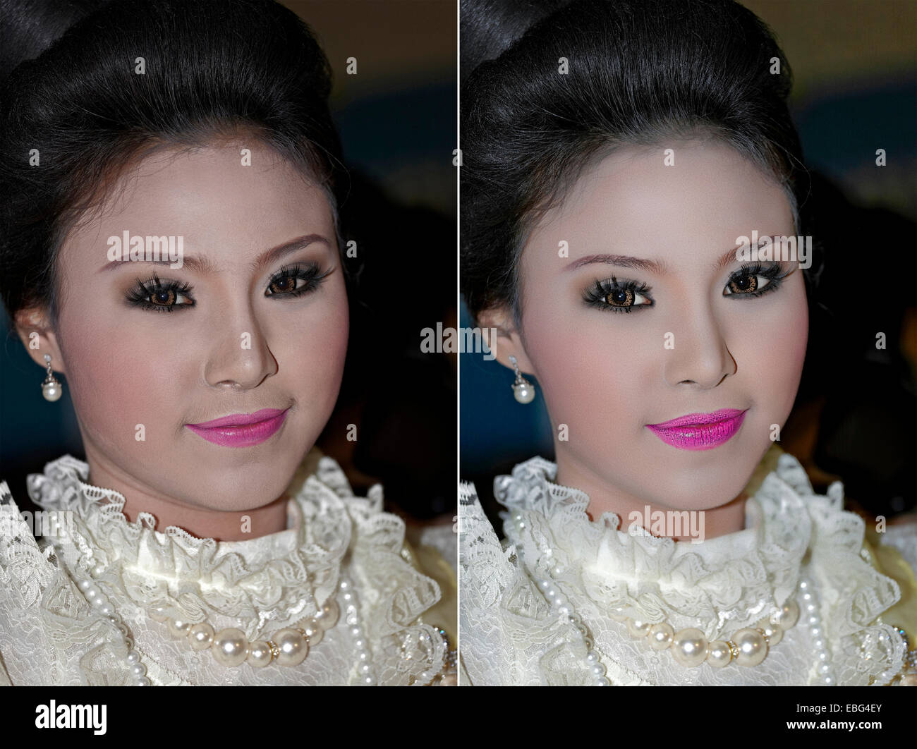 Before and after Photoshop manipulation image of a young Asian woman Stock Photo