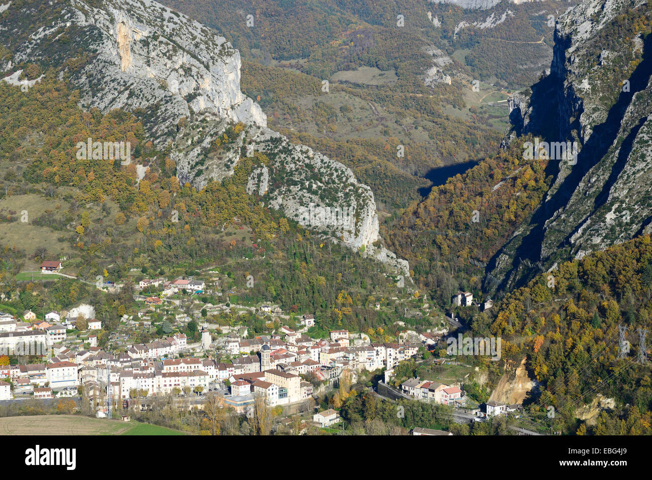 AERIAL VIEW. Old village at the Vercors Mountains' foothills. Isère, Auvergne-Rhône-Alpes, France. Stock Photo