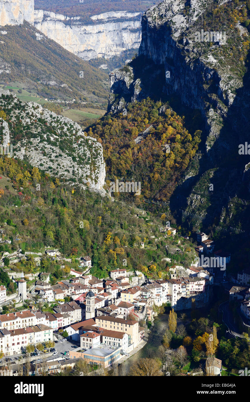 AERIAL VIEW. Old village at the Vercors Mountains' foothills. Isère, Auvergne-Rhône-Alpes, France. Stock Photo