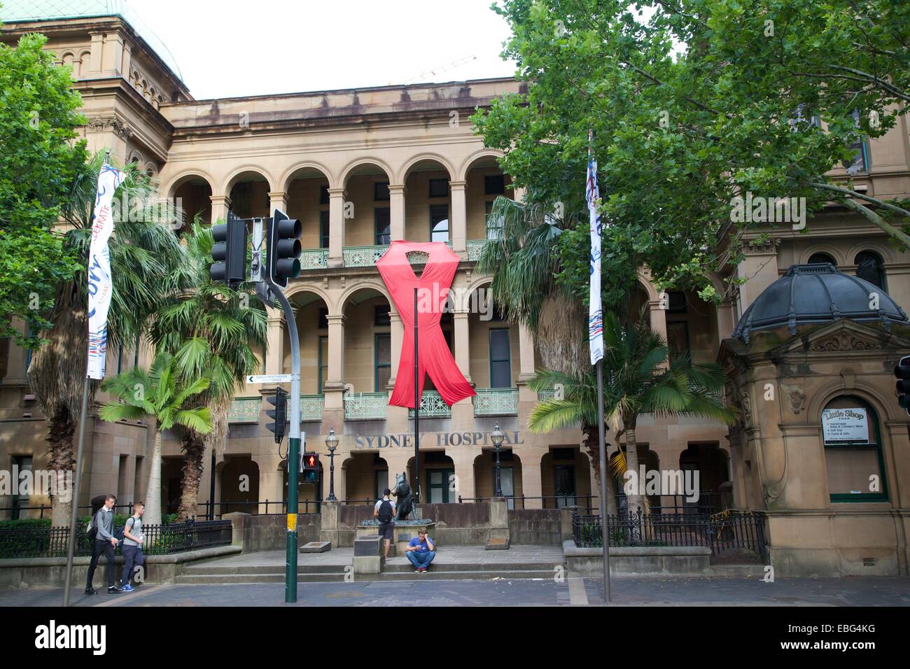Sydney, Australia. 1 December 2014. The Sydney Hospital on Macquarie Street has a giant red ribbon for World AIDS Day. Copyright Credit:  2014 Richard Milnes/Alamy Live News. Stock Photo