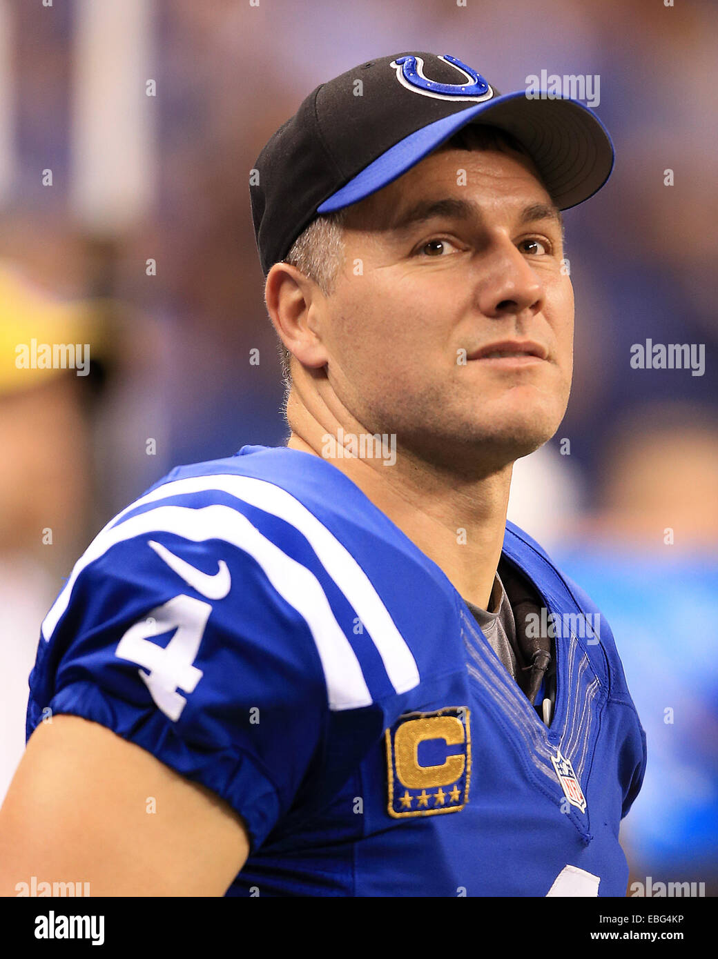Indianapolis, IN, USA. 30th Nov, 2014. Indianapolis Colts kicker Adam Vinatieri (4) as seen during the second half of the NFL game between the Washington Redskins and the Indianapolis Colts at Lucas Oil Stadium in Indianapolis, Indiana. The Colts defeated the Redskins 49-27. Credit: 2014 Billy Hurst/CSM/Alamy Live News Stock Photo