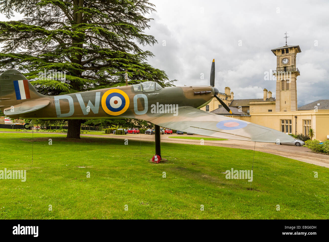 A Panoramic view of RAF Bentley Priory with the Spitfire of Squadron Leader Cyril 'Bam' Bamberger, Stanmore Middlesex London England UK Stock Photo