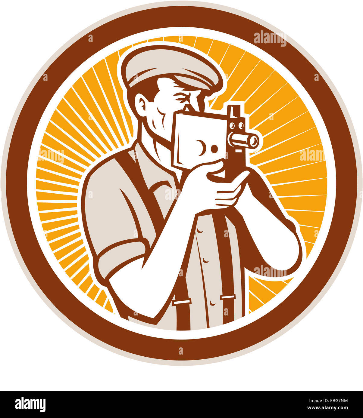 Illustration of a photographer wearing hat and suspenders shooting aiming with vintage camera set inside circle done in retro style. Stock Photo