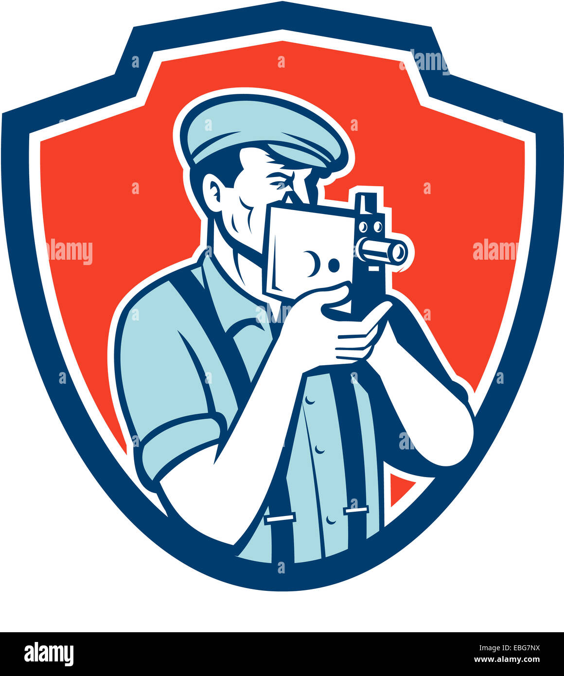 Illustration of a photographer wearing hat and suspenders shooting aiming with vintage camera set inside shield crest done in retro style. Stock Photo