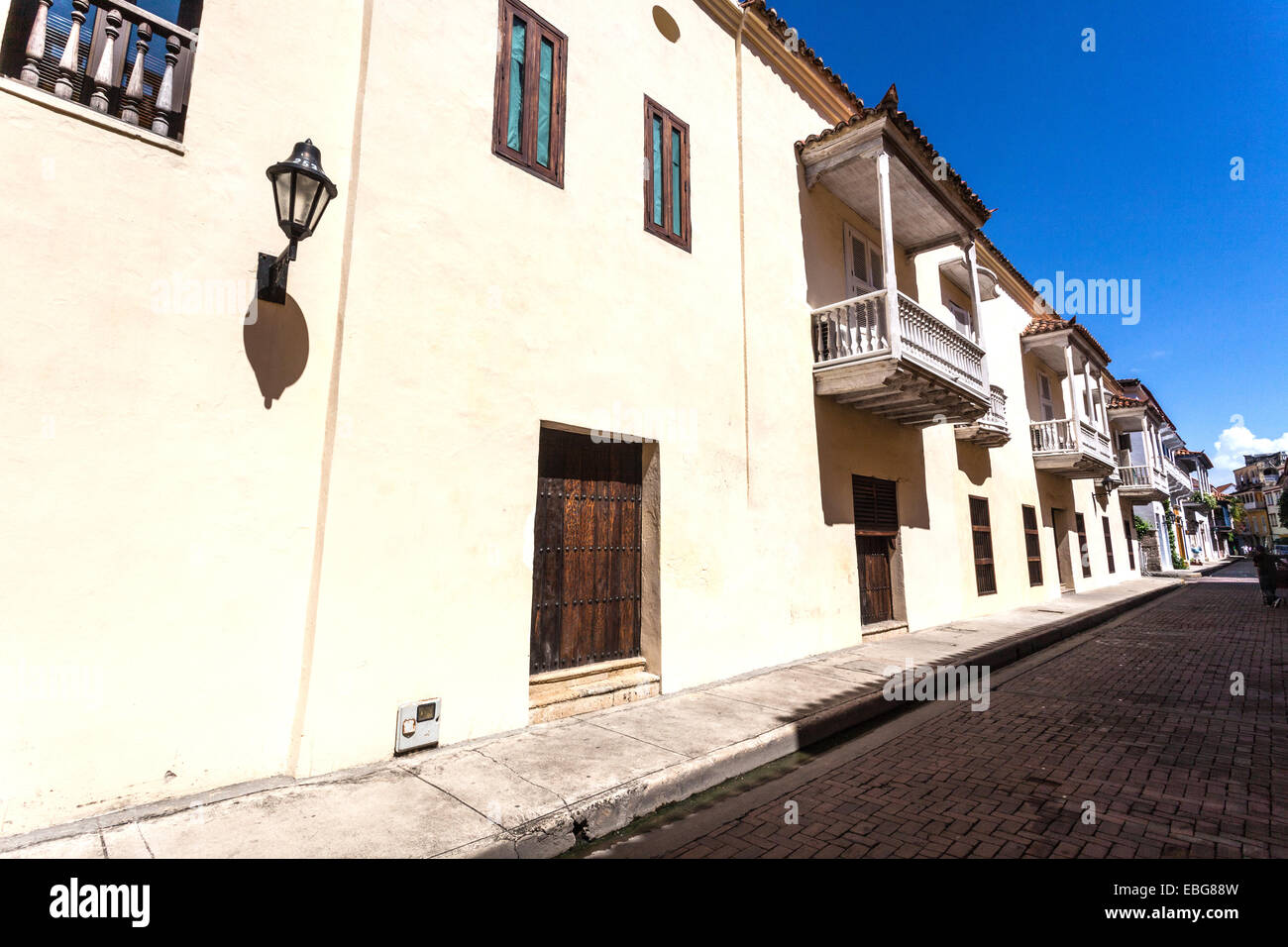 Row of colonial Spanish architecture houses, Cartagena de Indias, Colombia. Stock Photo