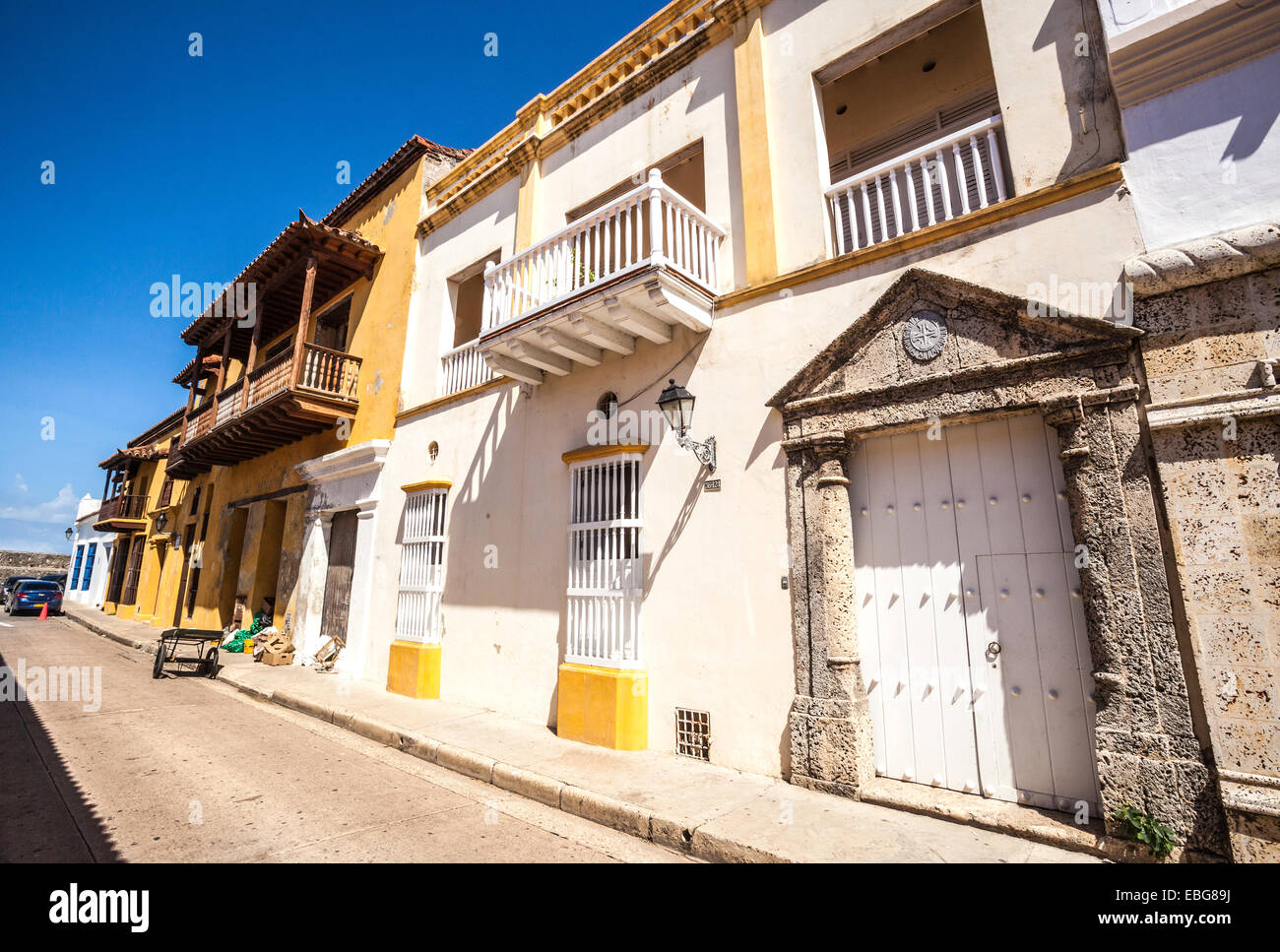 Row of houses with Spanish colonial architecture, Cartagena de Indias, Colombia. Stock Photo